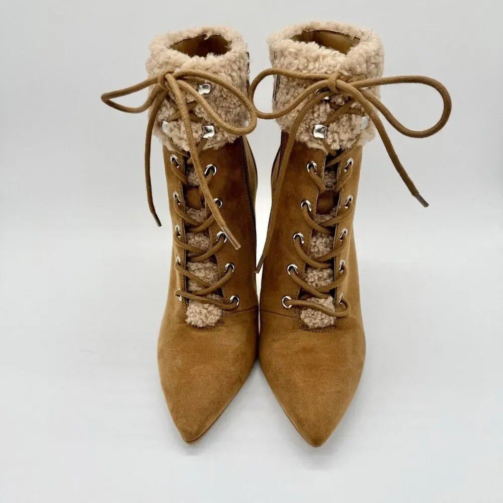 JESSICA SIMPSON Ankle Boots Women's Sz 5.5 Tan Stiletto Heel Vegan Faux Fur Cuff